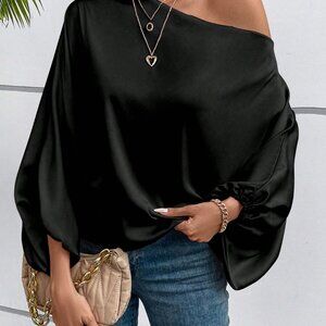 Black Casual Women's Asymmetric Collar Batwing Sleeve Loose Blouse